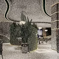 Modern Restaurant Interior With Curved Design Green Plants Gold Accents And Sculpture