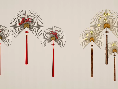 Traditional Chinese Fan Shaped Pendant Decorations With Red Tassels And Dragon Patterns 3d model