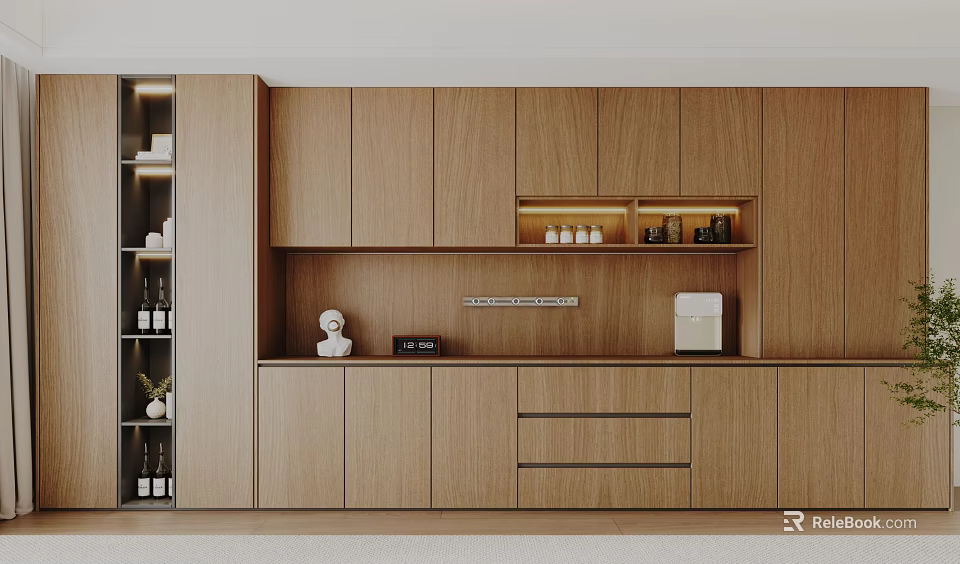 Modern Wooden Sideboard Cabinet With Cabinets Drawers Open Shelves Decorative Statue And Wine Bottles 3d model 