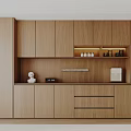 Modern Wooden Sideboard Cabinet With Cabinets Drawers Open Shelves Decorative Statue And Wine Bottles