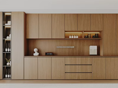Modern Wooden Sideboard Cabinet With Cabinets Drawers Open Shelves Decorative Statue And Wine Bottles 3d model
