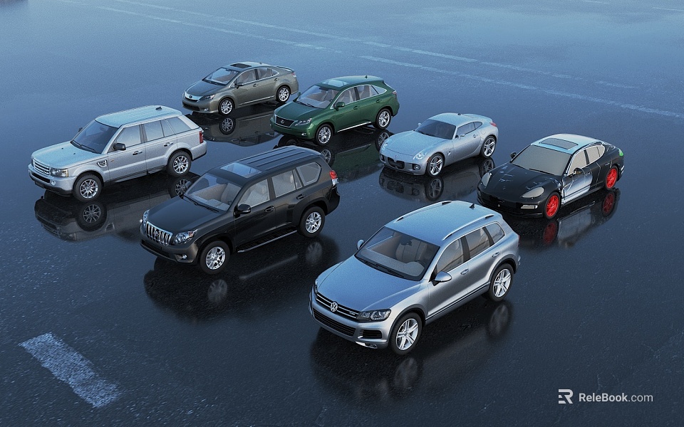 Variety Of Cars Displayed On Wet Pavement 3d model 