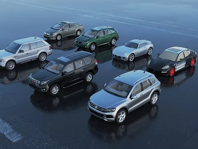 Variety Of Cars Displayed On Wet Pavement 3d model