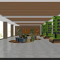 Bright Modern School Building Study Area With Wooden Ceiling Green Bookshelves And Colorful Rugs