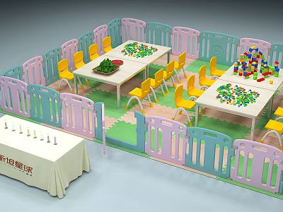 Colorful Kids Play Area With Pink Blue Fences Yellow Chairs Tables And Building Blocks 3d model