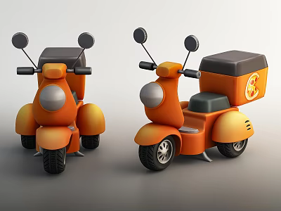 Two Orange Electric Toy Motorcycles With Pizza Delivery Box And Rearview Mirrors 3d model