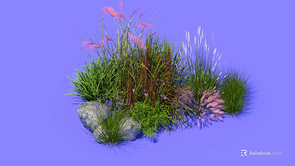 Colorful Garden Grasses With Pink Green Red Blades And Decorative Stones 3d model 