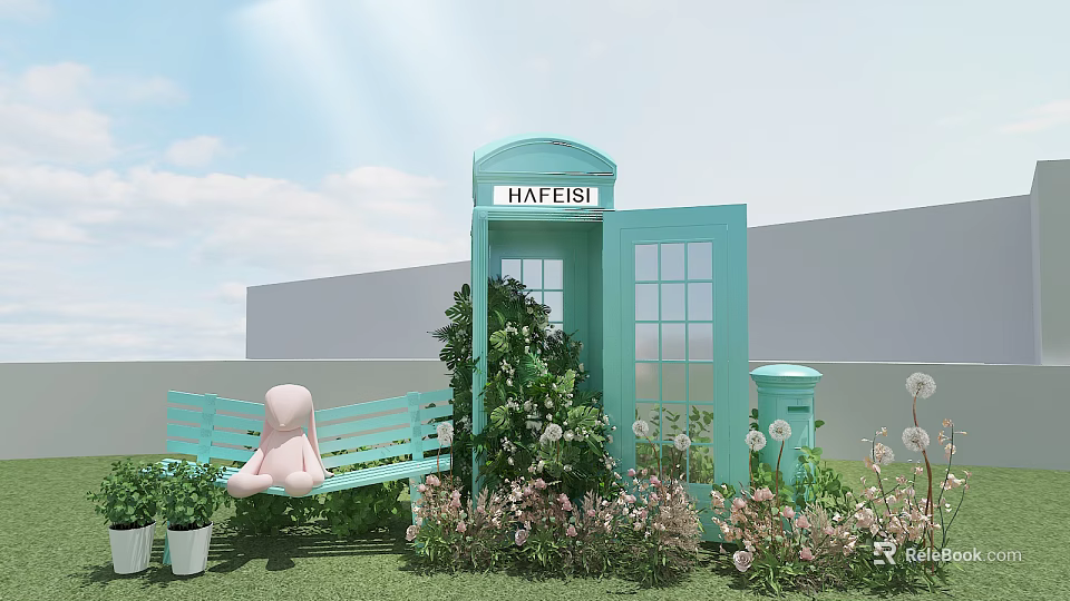 Colorful Outdoor Scene With HAFEISI Blue Telephone Booth Green Bench Pink Doll Greenery And Flowers 3d model 