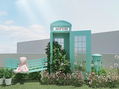 Colorful Outdoor Scene With HAFEISI Blue Telephone Booth Green Bench Pink Doll Greenery And Flowers 3d model