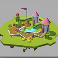 Green Grassy Island With Pink Roofed Towers Red Mushroom Flag Slides Pool And Yellow Stars