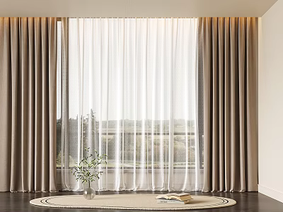 Elegant Beige And White Double Layer Curtains With Sheer Panels For Window And Indoor Plant 3d model