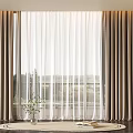 Elegant Beige And White Double Layer Curtains With Sheer Panels For Window And Indoor Plant