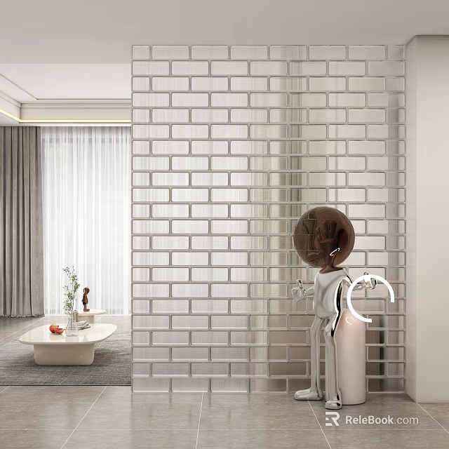 White Brick Room Divider in Modern Living Room with Round Brown Decor and Curtains 3d model 