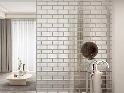White Brick Room Divider in Modern Living Room with Round Brown Decor and Curtains 3d model