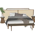 Double Bed In Minimalist Bedroom With Rattan Headboard Wooden Frame And Green Plant