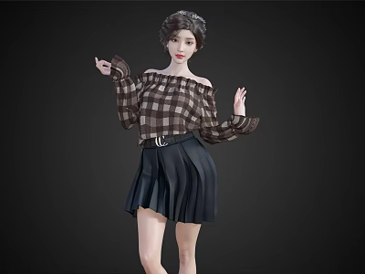 Woman Posing in Plaid Off the Shoulder Top and Pleated Skirt with Updo Hairstyle 3d model