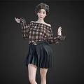 Woman Posing in Plaid Off the Shoulder Top and Pleated Skirt with Updo Hairstyle