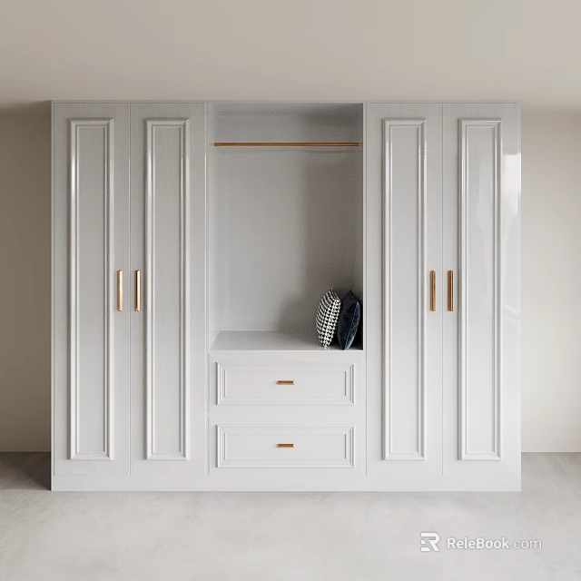 White Modern Wardrobe Interior With Gold Handles Hanging Rod And Drawers Design 3d model 