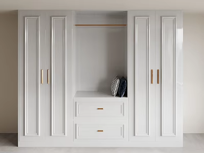 White Modern Wardrobe Interior With Gold Handles Hanging Rod And Drawers Design 3d model