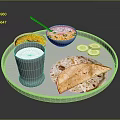 Modern Kitchen Appliances for Preparing Rice Chapati Curry with Fresh Cucumber and Silver Tray