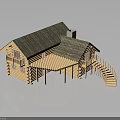 Traditional Wooden Log House Structure With Sloped Roof Wooden Stairs And Veranda Platform