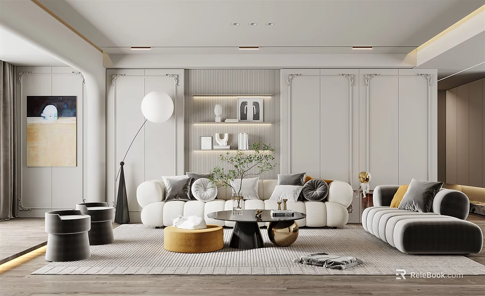 Modern Elegant Living Room Interior Design With Comfortable Sofas Floor Lamp And Coffee Tables 3d model 