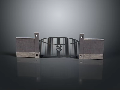 Iron Gate Outdoor Furniture With Brick Pillars And Decorative Design In The Center 3d model