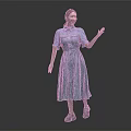 Smiling woman in blue collared short sleeve buttoned dress on dark background raising one hand