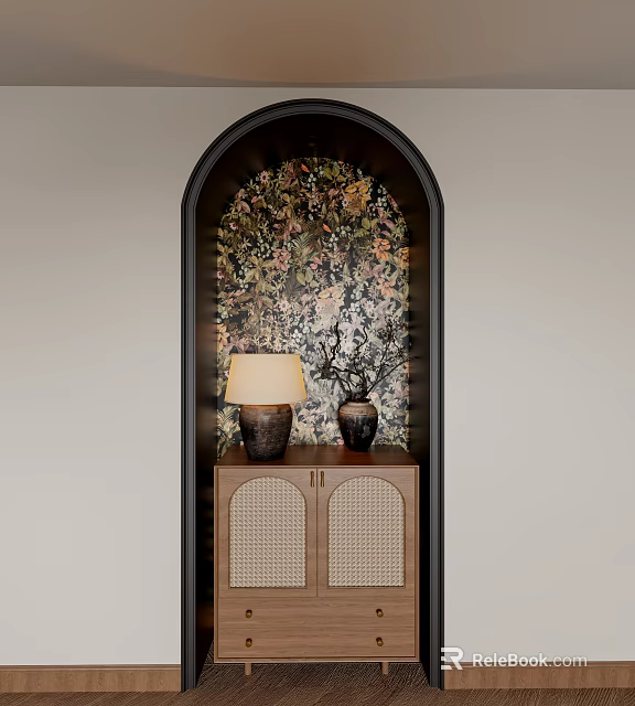 Entryway Cabinet Sideboard With Arched Design Floral Pattern Background Table Lamp Vase And Rattan Doors 3d model 