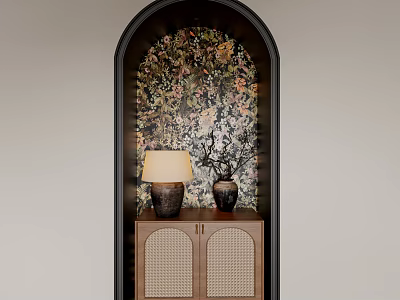 Entryway Cabinet Sideboard With Arched Design Floral Pattern Background Table Lamp Vase And Rattan Doors 3d model