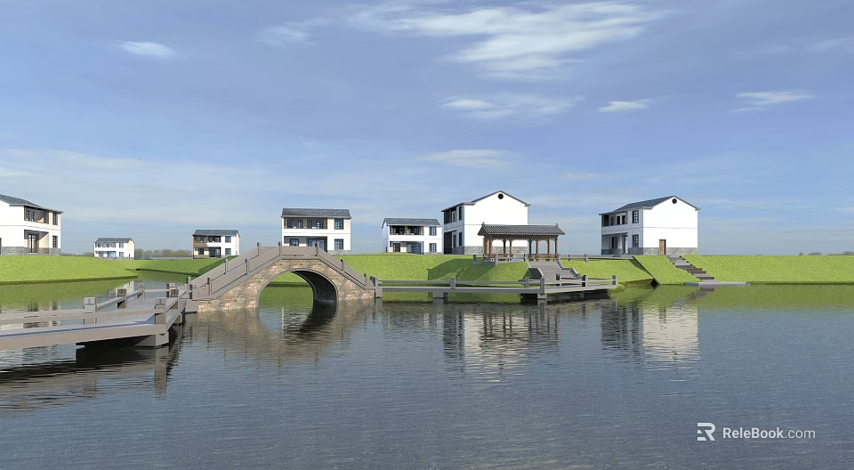 Scenic Rural Landscape With White Houses Arched Stone Bridge Calm Water Blue Sky And Reflections 3d model 