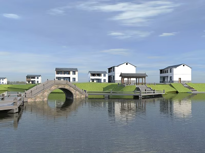 Scenic Rural Landscape With White Houses Arched Stone Bridge Calm Water Blue Sky And Reflections 3d model