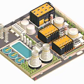 Cartoon Industrial Scene Featuring Factory Buildings Cooling Towers Storage Tanks Power Towers Truck And Trees