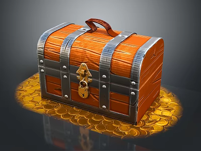 Classic Wooden Chest With Silver Metal Straps Lock Surrounded By Gold Coins 3d model
