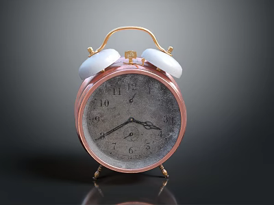 Vintage Copper Alarm Clock With White Bells Aged Dial Numbers Small Feet Dark Background Reflection 3d model