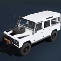 White Classic Off Road Vehicle With Rugged Exterior Yellow Headlights Black Tires And Roof Antenna