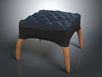 Modern Tufted Leather Ottoman With Dark Blue Upholstery And Wooden Legs 3d model