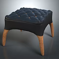 Modern Tufted Leather Ottoman With Dark Blue Upholstery And Wooden Legs