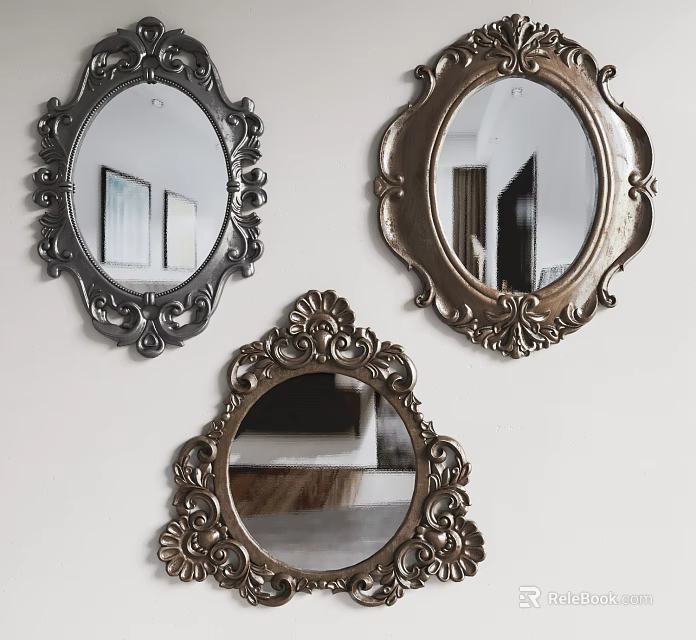 Three Vintage Ornate Carved Frame Mirrors Wall Mounted Home Decor 3d model 