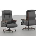 Grey Ergonomic Office Chair With Leather Upholstery Wooden Armrests And Swivel Base