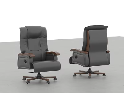 Grey Ergonomic Office Chair With Leather Upholstery Wooden Armrests And Swivel Base 3d model