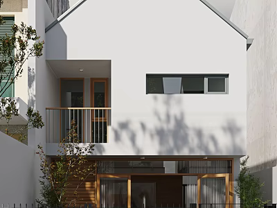 Modern Minimalist White Storefront With Wooden Glass Door And Greenery 3d model