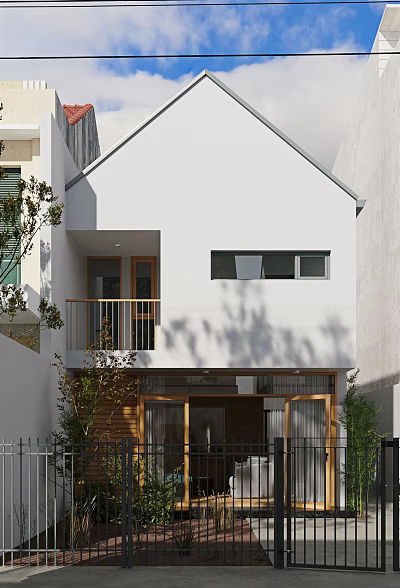 Modern Minimalist White Storefront With Wooden Glass Door And Greenery 3d model