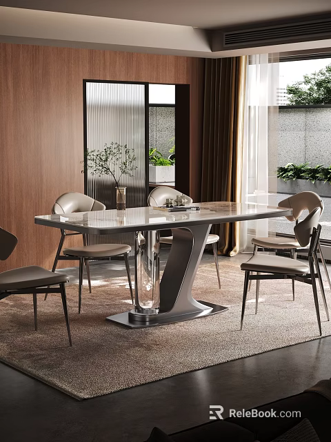 Modern Dining Table Set With Sleek Tabletop Metal Legs Light Chairs And Wooden Wall 3d model 