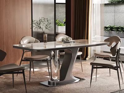 Modern Dining Table Set With Sleek Tabletop Metal Legs Light Chairs And Wooden Wall 3d model