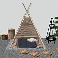 Tipi Style Tent Decorated With String Lights Mattress And Pillow Inside Wooden Stumps Outside