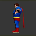 Superman Blue Costume Red Cape Yellow S Emblem Arms Outstretched Standing on Gray Background with Reflection