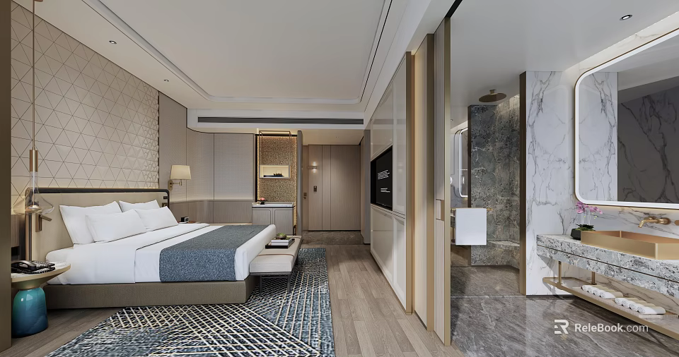 Modern Hotel Room Interior With King Bed Wooden Flooring Geometric Rug And Marble Bathroom 3d model 