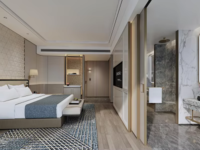 Modern Hotel Room Interior With King Bed Wooden Flooring Geometric Rug And Marble Bathroom 3d model