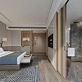 Modern Hotel Room Interior With King Bed Wooden Flooring Geometric Rug And Marble Bathroom
